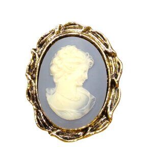Vintage Brooch with Blue Bisque Cameo in Ornate Gold Tone Frame, Romantic Gift